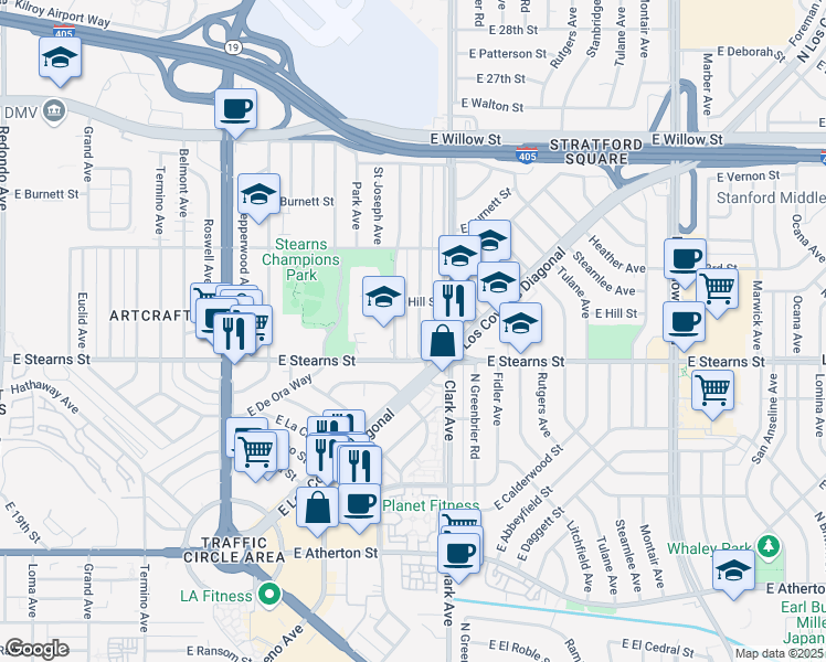 map of restaurants, bars, coffee shops, grocery stores, and more near 2223 Granada Avenue in Long Beach