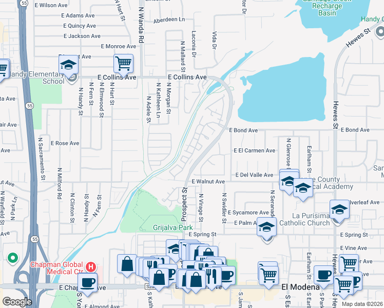 map of restaurants, bars, coffee shops, grocery stores, and more near 583 North Pageant Drive in Orange