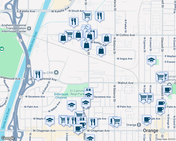 map of restaurants, bars, coffee shops, grocery stores, and more near 560 North Main Street in Orange