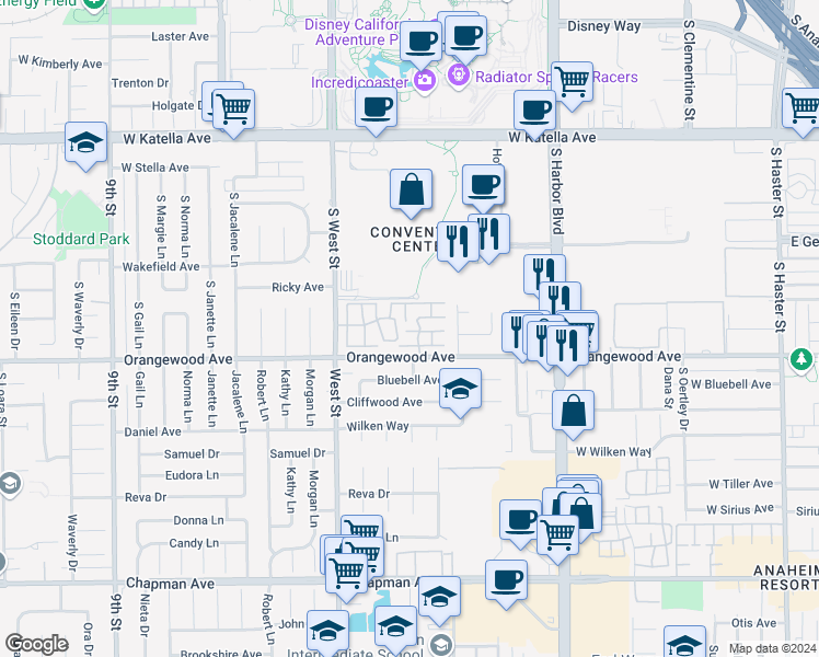 map of restaurants, bars, coffee shops, grocery stores, and more near 2123 South June Place in Anaheim
