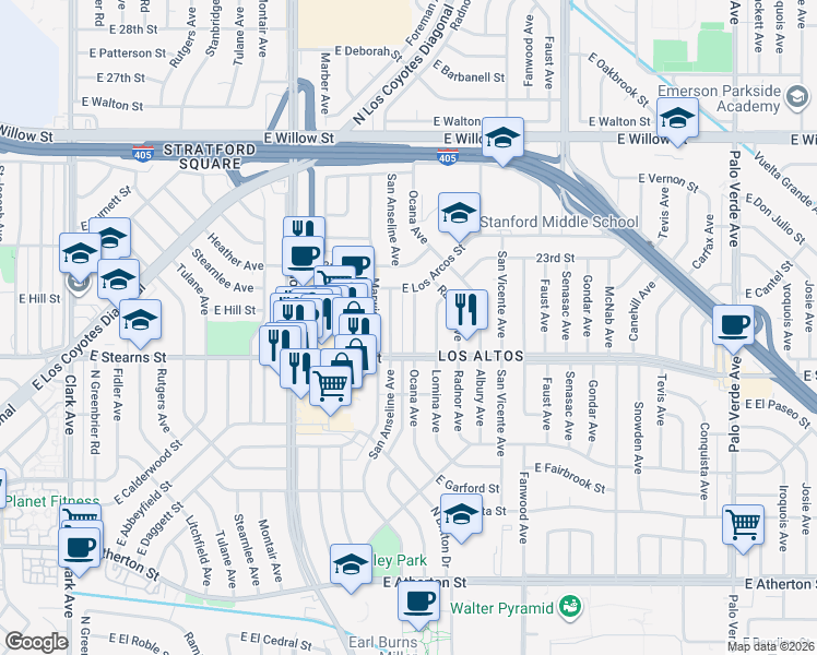 map of restaurants, bars, coffee shops, grocery stores, and more near 2212 Ocana Avenue in Long Beach