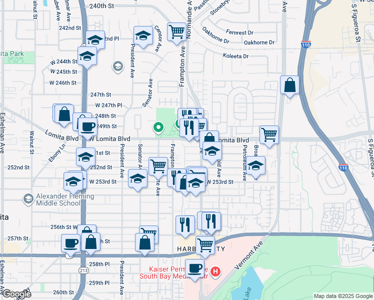 map of restaurants, bars, coffee shops, grocery stores, and more near 1240 251st Street in Los Angeles