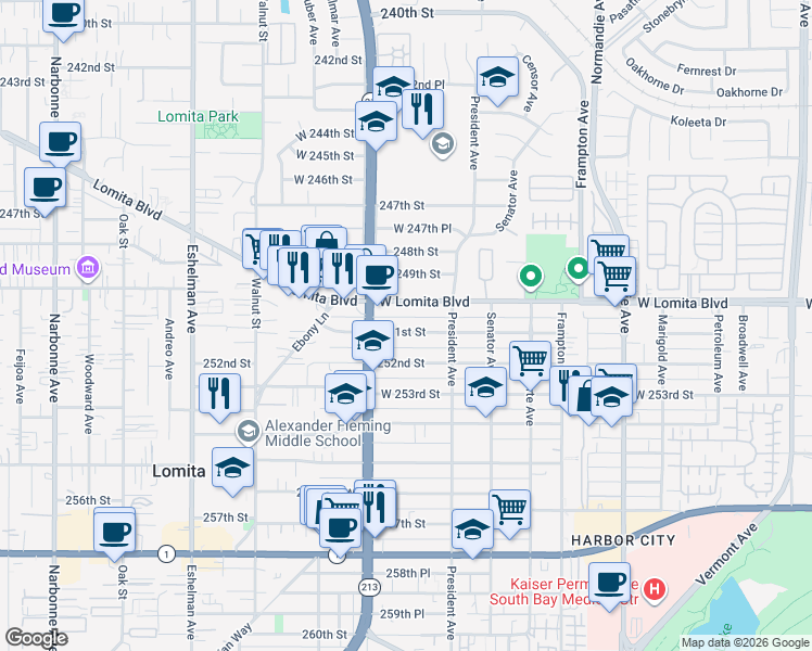 map of restaurants, bars, coffee shops, grocery stores, and more near 1651 251st Street in Los Angeles