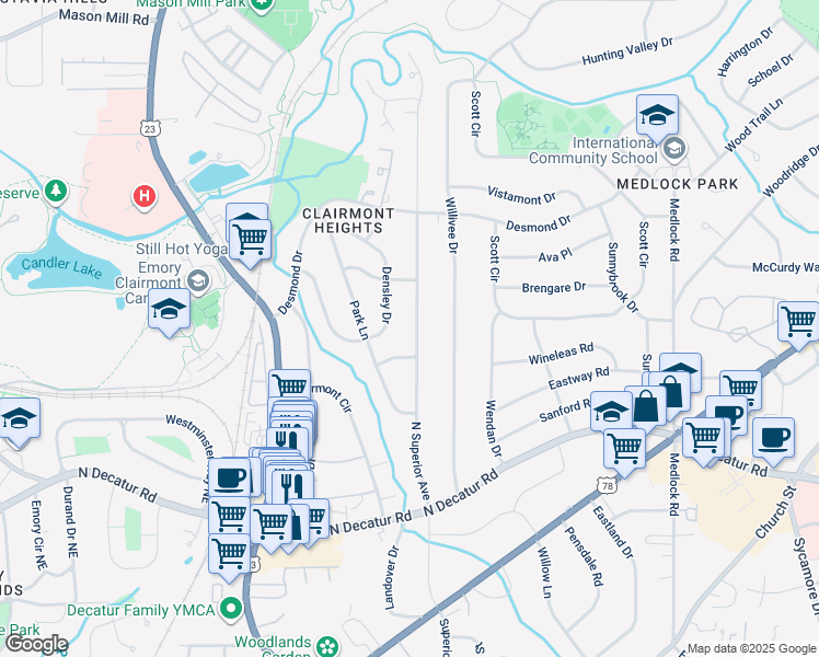 map of restaurants, bars, coffee shops, grocery stores, and more near 679 North Superior Avenue in Decatur