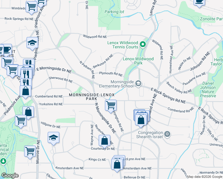 map of restaurants, bars, coffee shops, grocery stores, and more near 933 East Rock Springs Road Northeast in Atlanta