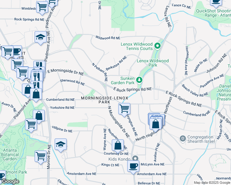map of restaurants, bars, coffee shops, grocery stores, and more near 893 East Rock Springs Road Northeast in Atlanta