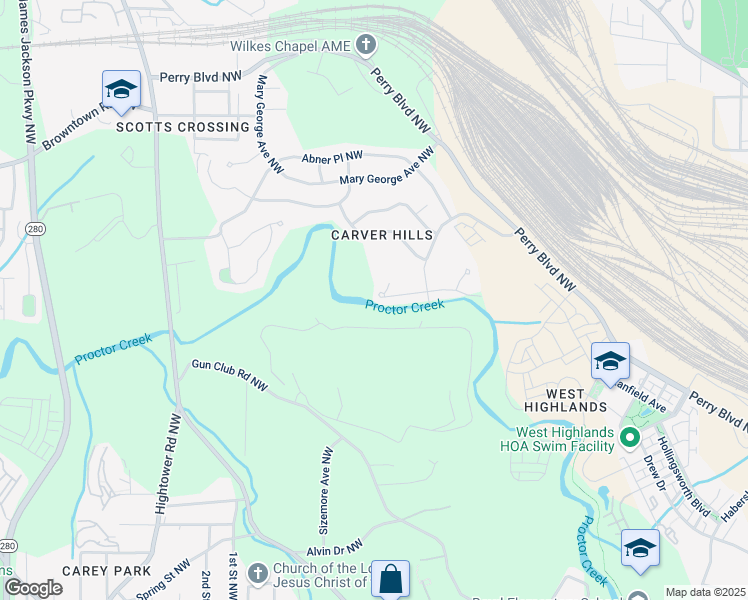 map of restaurants, bars, coffee shops, grocery stores, and more near 2436 Clarissa Drive Northwest in Atlanta