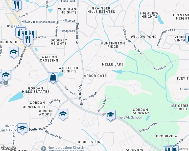map of restaurants, bars, coffee shops, grocery stores, and more near 6527 Arbor Gate Drive Southwest in Mableton
