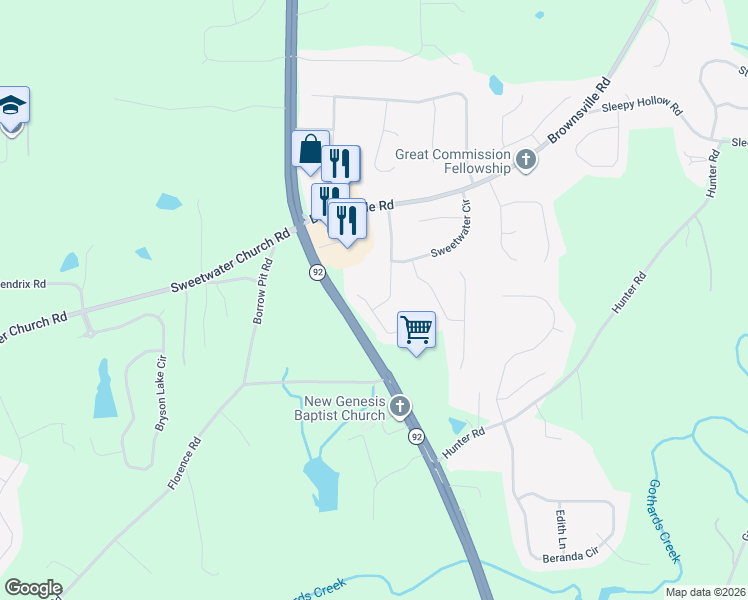 map of restaurants, bars, coffee shops, grocery stores, and more near 128 Sweetwater Way in Powder Springs