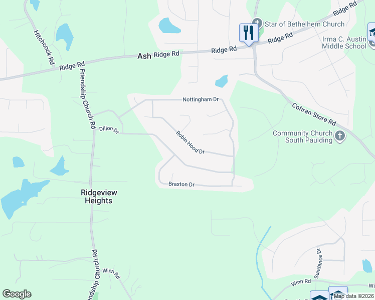 map of restaurants, bars, coffee shops, grocery stores, and more near 217 Robin Hood Drive in Douglasville