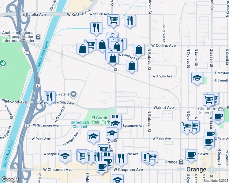 map of restaurants, bars, coffee shops, grocery stores, and more near 1337 West Braden Court in Orange
