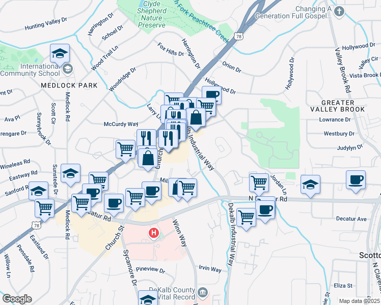 map of restaurants, bars, coffee shops, grocery stores, and more near 1709 Church Street in Decatur