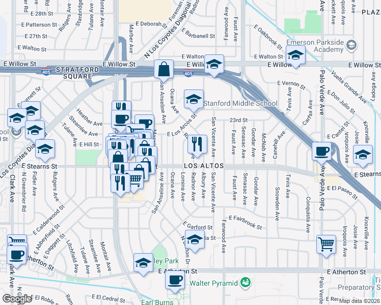 map of restaurants, bars, coffee shops, grocery stores, and more near 2213 Radnor Avenue in Long Beach