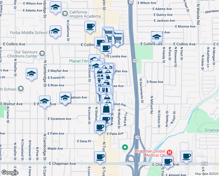 map of restaurants, bars, coffee shops, grocery stores, and more near 565 North Tustin Street in Orange