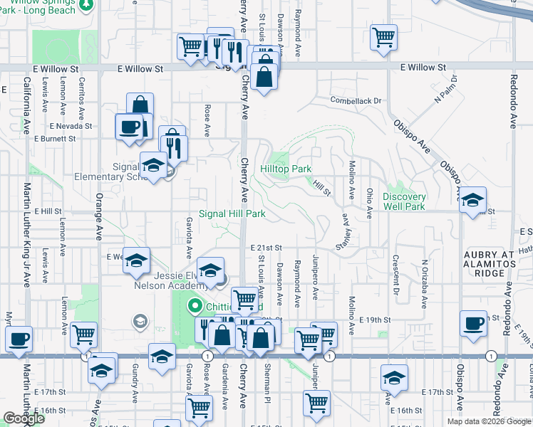 map of restaurants, bars, coffee shops, grocery stores, and more near 2120 East Hill Street in Signal Hill