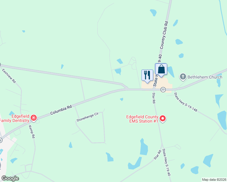 map of restaurants, bars, coffee shops, grocery stores, and more near 803 Columbia Road in Edgefield