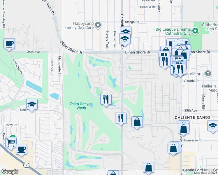 map of restaurants, bars, coffee shops, grocery stores, and more near 68354 Calle Cordoba in Cathedral City