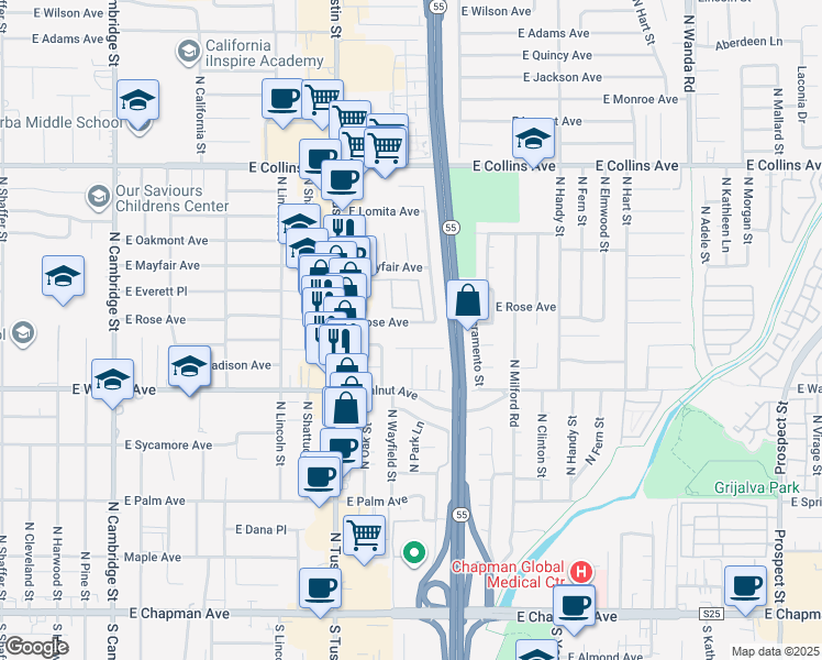 map of restaurants, bars, coffee shops, grocery stores, and more near 2011 East Orange Grove Avenue in Orange