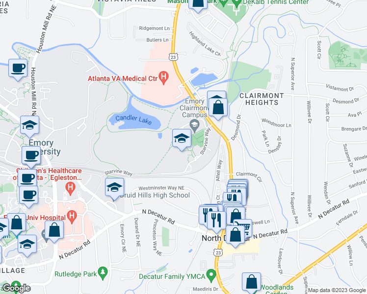 map of restaurants, bars, coffee shops, grocery stores, and more near 2425 Dooley Drive in Decatur