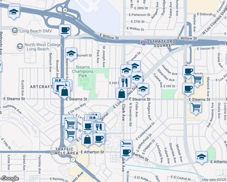 map of restaurants, bars, coffee shops, grocery stores, and more near 2223 Granada Avenue in Long Beach