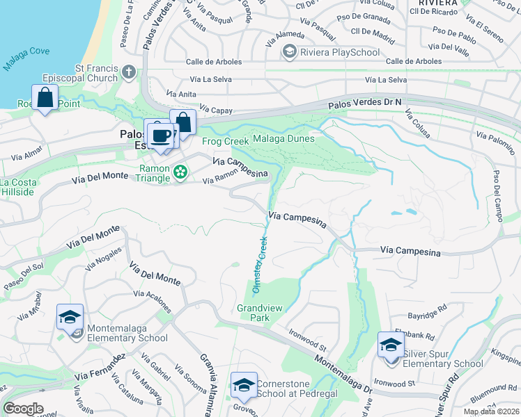 map of restaurants, bars, coffee shops, grocery stores, and more near 2417 Vía Campesina in Palos Verdes Estates