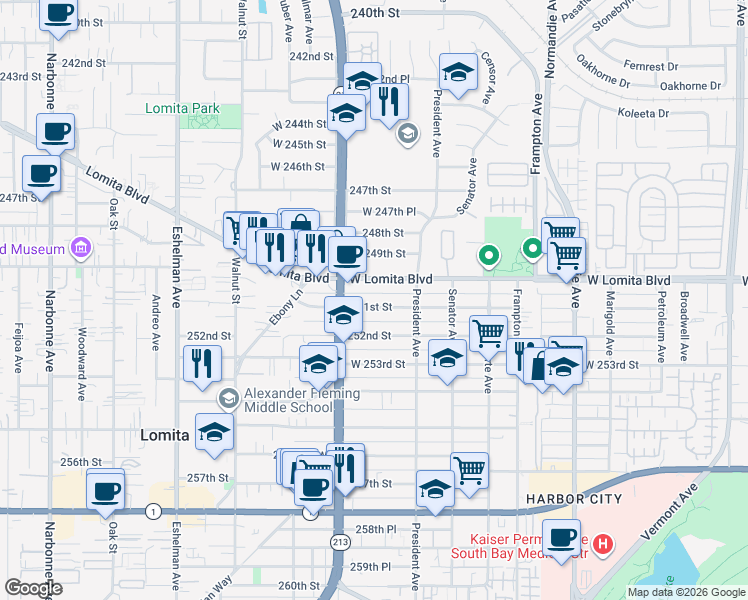 map of restaurants, bars, coffee shops, grocery stores, and more near 1651 251st Street in Los Angeles