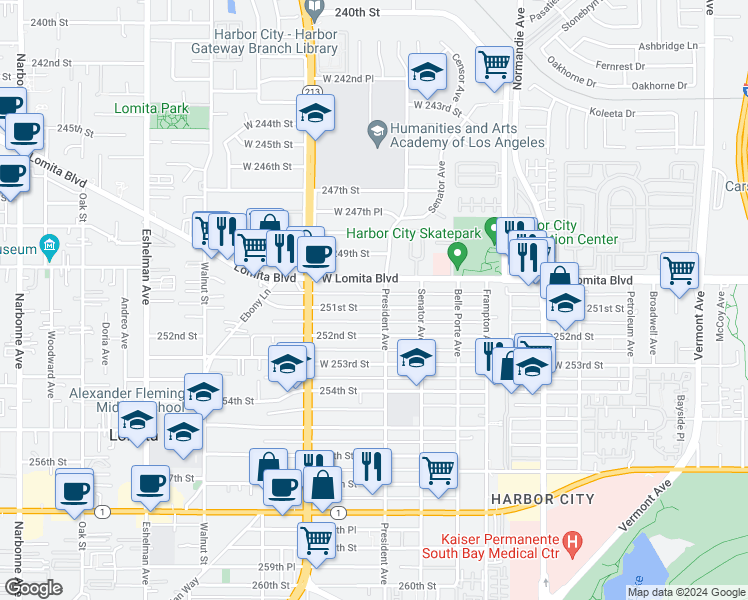 map of restaurants, bars, coffee shops, grocery stores, and more near 1615 251st St in Harbor City