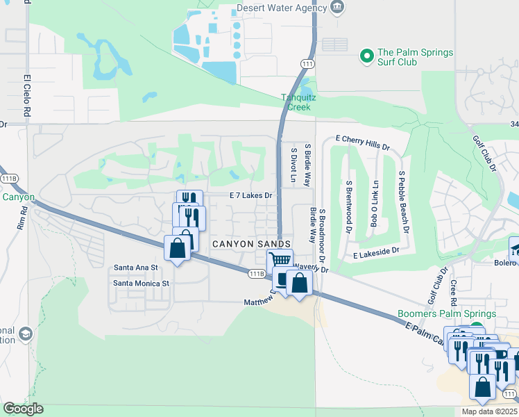 map of restaurants, bars, coffee shops, grocery stores, and more near 2252 East Miramonte Circle in Palm Springs
