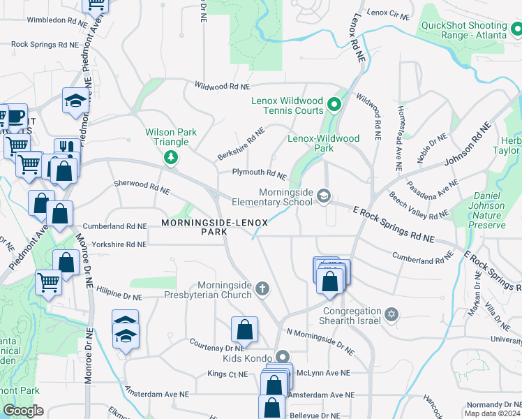 map of restaurants, bars, coffee shops, grocery stores, and more near 933 East Rock Springs Road Northeast in Atlanta