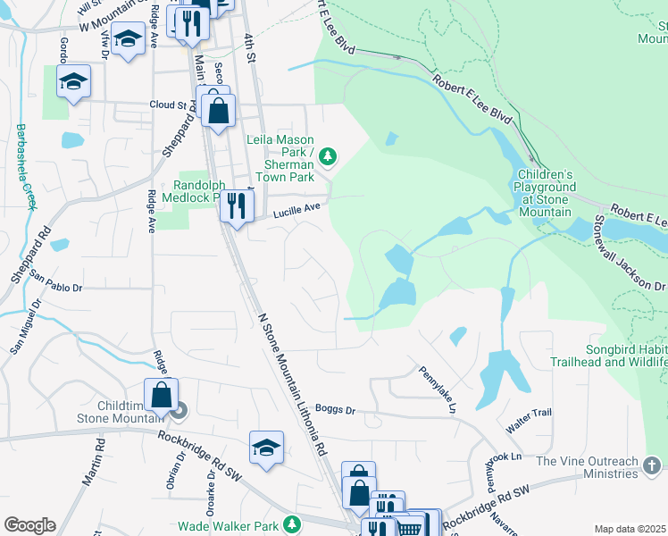 map of restaurants, bars, coffee shops, grocery stores, and more near 670 Pepperwood Lane in Stone Mountain