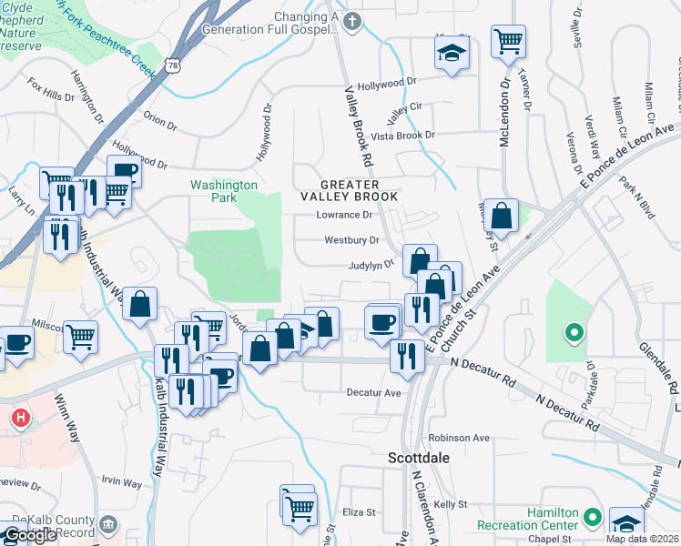map of restaurants, bars, coffee shops, grocery stores, and more near 2967 Cedar Brook Drive in Decatur