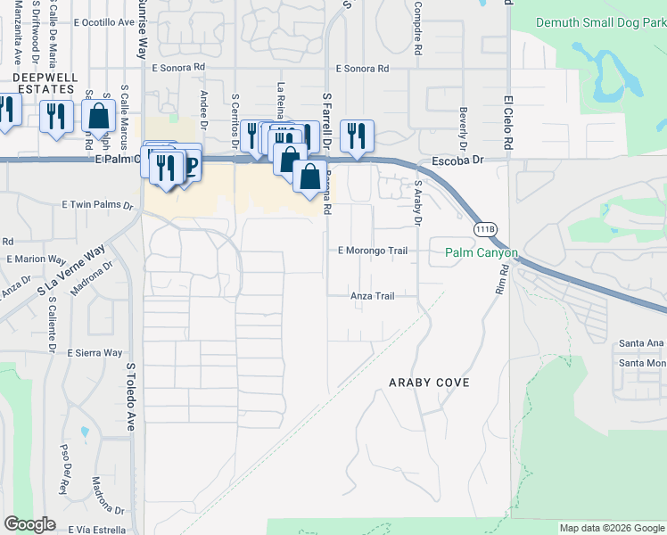 map of restaurants, bars, coffee shops, grocery stores, and more near 1965 Rancho Vista Trail in Palm Springs