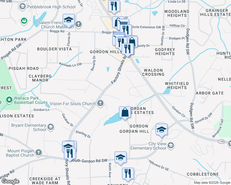 map of restaurants, bars, coffee shops, grocery stores, and more near 6429 Factory Shoals Road Southwest in Mableton