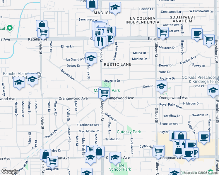 map of restaurants, bars, coffee shops, grocery stores, and more near 11402 Magnolia Street in Garden Grove
