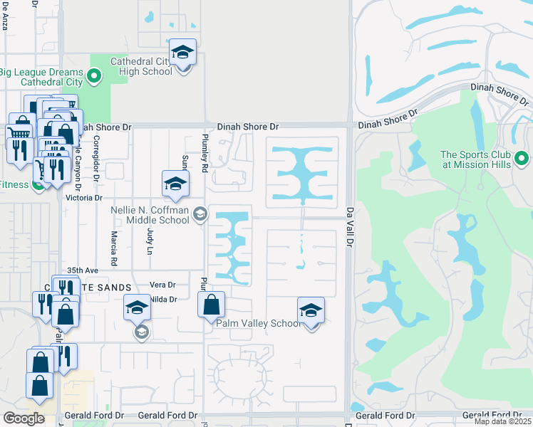 map of restaurants, bars, coffee shops, grocery stores, and more near 69749 Camino Pacifico in Rancho Mirage