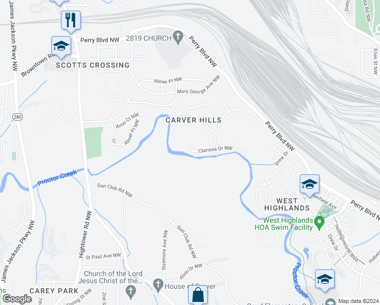 map of restaurants, bars, coffee shops, grocery stores, and more near 2436 Clarissa Drive Northwest in Atlanta