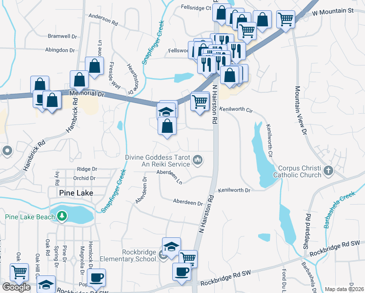 map of restaurants, bars, coffee shops, grocery stores, and more near 4730 Hairston Crossing Road in Stone Mountain