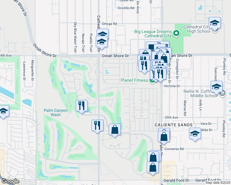 map of restaurants, bars, coffee shops, grocery stores, and more near 34685 Calle Trujillo in Cathedral City