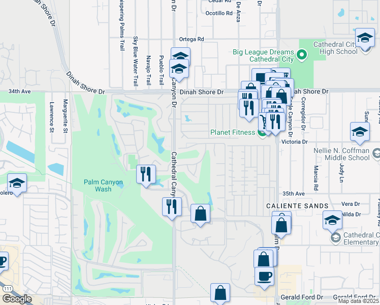 map of restaurants, bars, coffee shops, grocery stores, and more near 34881 Calle Trujillo in Cathedral City