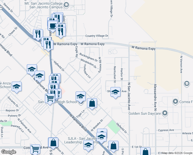 map of restaurants, bars, coffee shops, grocery stores, and more near 732 Attenborough Way in San Jacinto