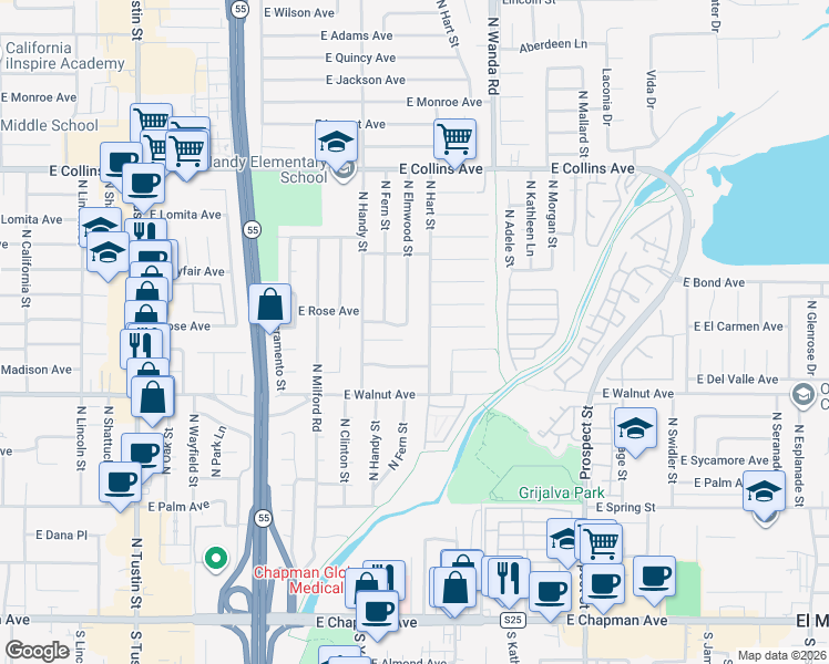 map of restaurants, bars, coffee shops, grocery stores, and more near 2628 East Hamilton Avenue in Orange