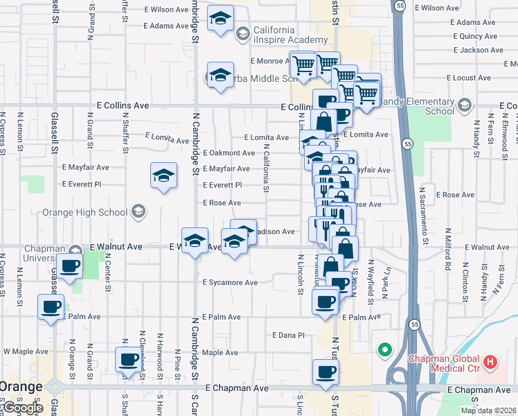map of restaurants, bars, coffee shops, grocery stores, and more near 583 North California Street in Orange
