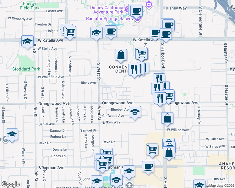 map of restaurants, bars, coffee shops, grocery stores, and more near 2123 South June Place in Anaheim