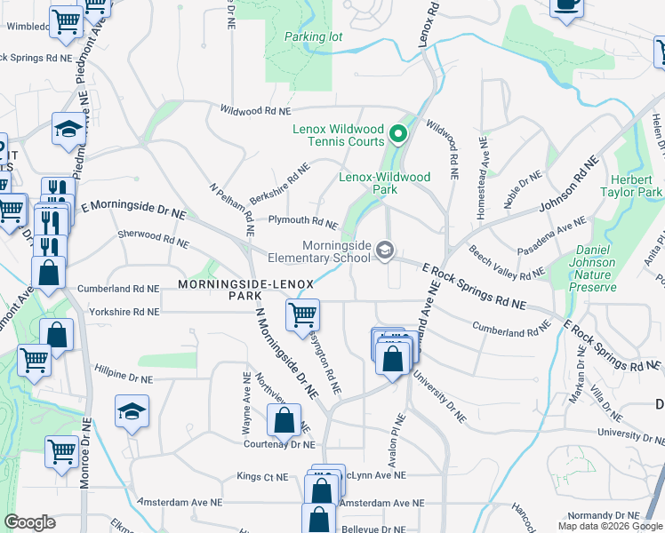 map of restaurants, bars, coffee shops, grocery stores, and more near 945 East Rock Springs Road Northeast in Atlanta