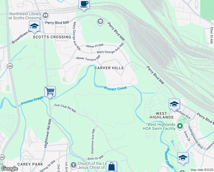 map of restaurants, bars, coffee shops, grocery stores, and more near 2436 Clarissa Drive Northwest in Atlanta