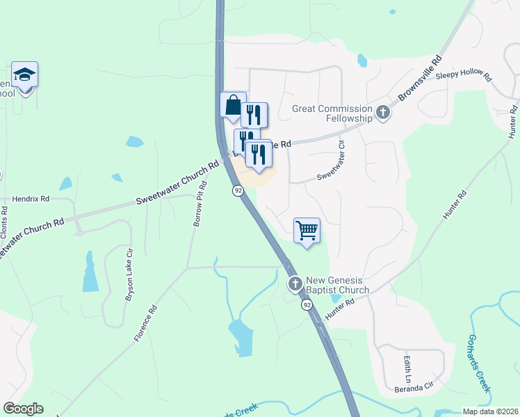 map of restaurants, bars, coffee shops, grocery stores, and more near 169 Sweetwater Way in Powder Springs