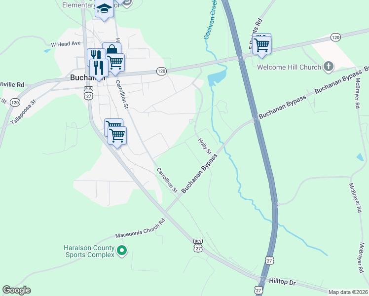 map of restaurants, bars, coffee shops, grocery stores, and more near 61 Magnolia Street in Buchanan