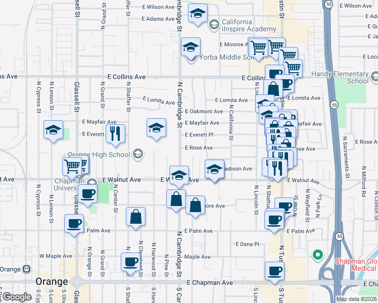 map of restaurants, bars, coffee shops, grocery stores, and more near 934 East Rose Avenue in Orange