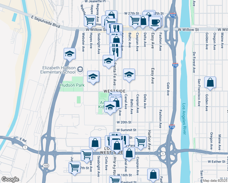 map of restaurants, bars, coffee shops, grocery stores, and more near Santa Fe Avenue & West Hill Street in Long Beach