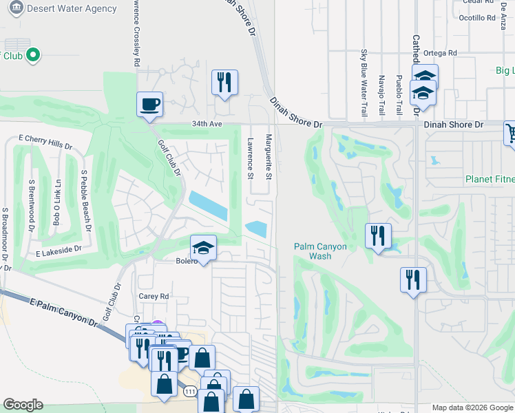 map of restaurants, bars, coffee shops, grocery stores, and more near 153 Vista De La Montana in Palm Springs